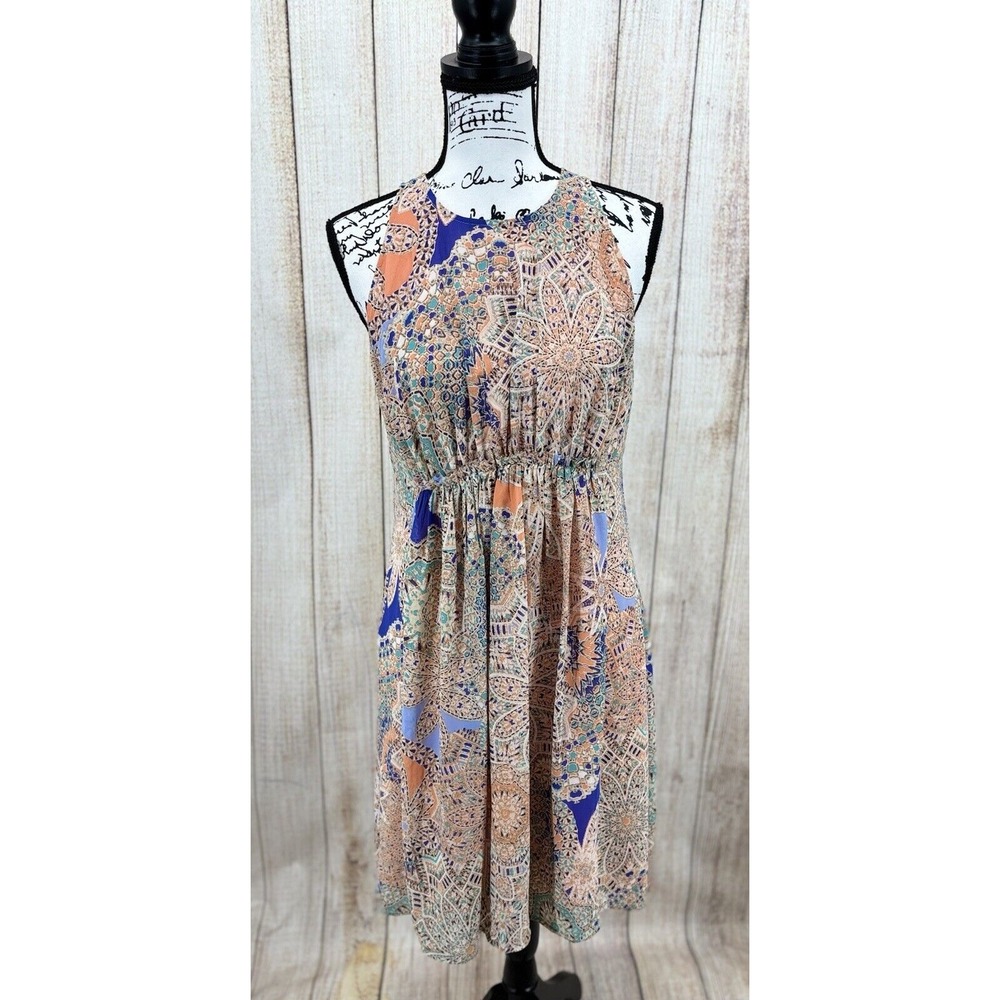 Sundance Midi Dress Size Medium Peach & Teal Medallion Mosaic Print Layered Boho
